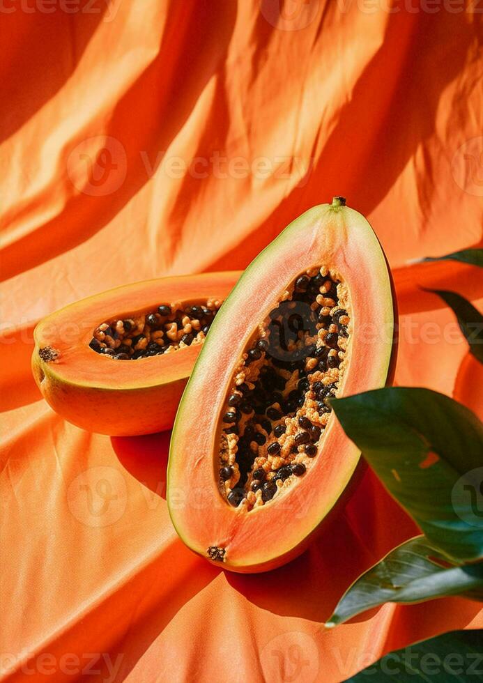 Fruits papaya juicy food seeds fresh leaf tropical ripe orange photo