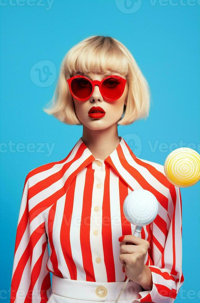 Woman fashion studio valentine adult sweet lollipop candy beauty holiday face colorful portrait photo