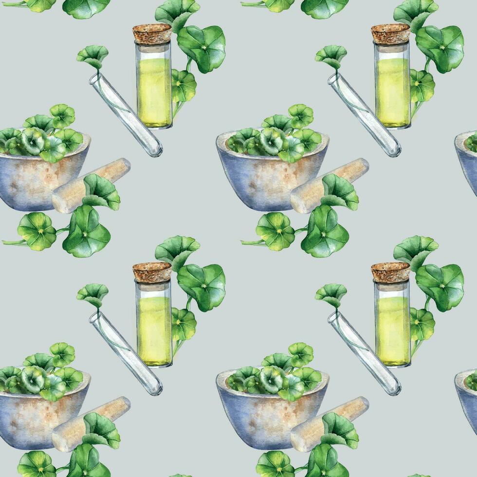 Centella asiatica, essential oils, stone bowl watercolor seamless pattern isolated on blue. Mortar, glass flask, test tube, gotu kola hand drawn. Design for package, label, wrapping, background vector