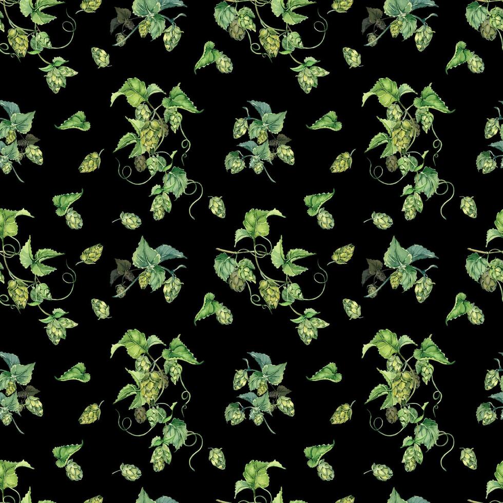 Hop vine, plant humulus watercolor seamless pattern isolated on black background. Hop on brunch with leaves, hop cones hand drawn. Design element for wrapping, label, packaging, paper, textile vector