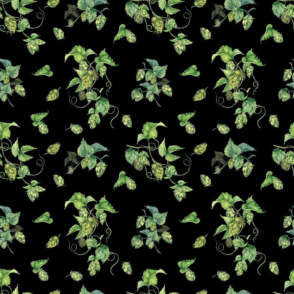 salto enredadera, planta humulus acuarela sin costura modelo aislado en negro antecedentes. salto en desayuno tardío con hojas, salto conos mano dibujado. diseño elemento para envase, etiqueta, embalaje, papel, textil vector