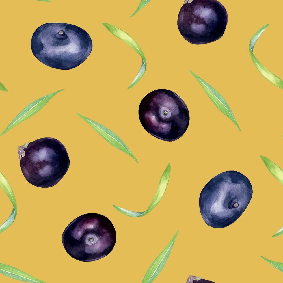 Acai berries and palm leaves watercolor seamless pattern isolated on beige. Exotic amazon small purple berries, tropical fruit hand drawn. Design for packaging, wrapping, textile, background, paper vector