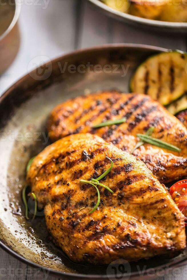 Grilled chicken breast in old frying pan. photo
