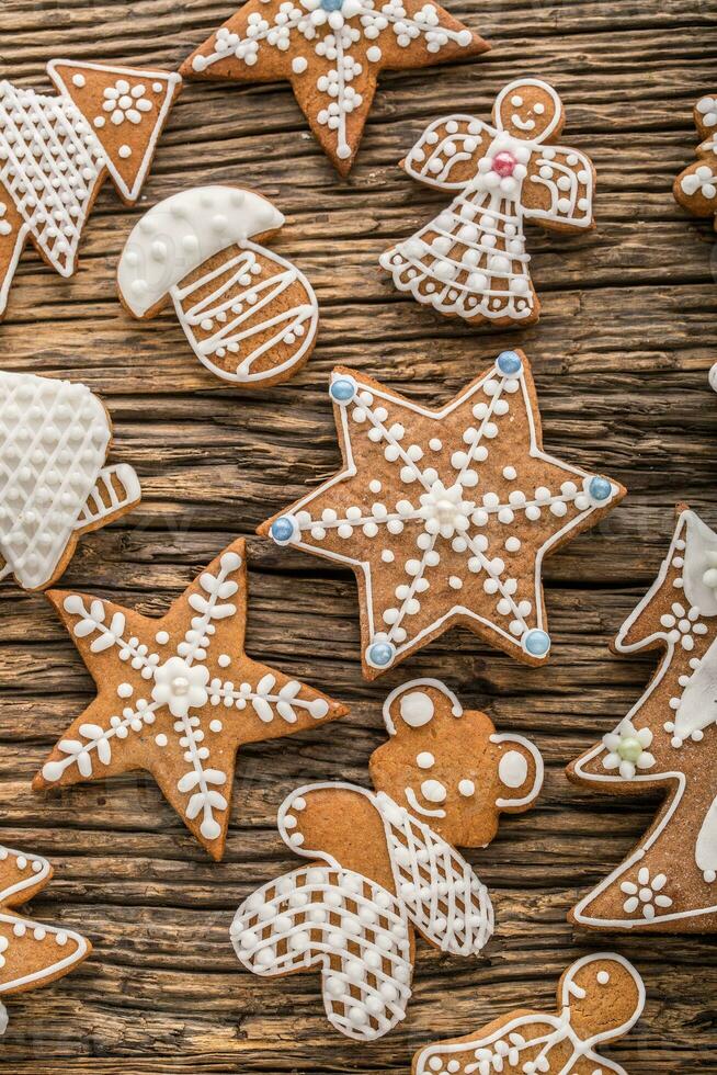 Christmas pastry stars gingerbread on rustic wooden board. Christmas time photo