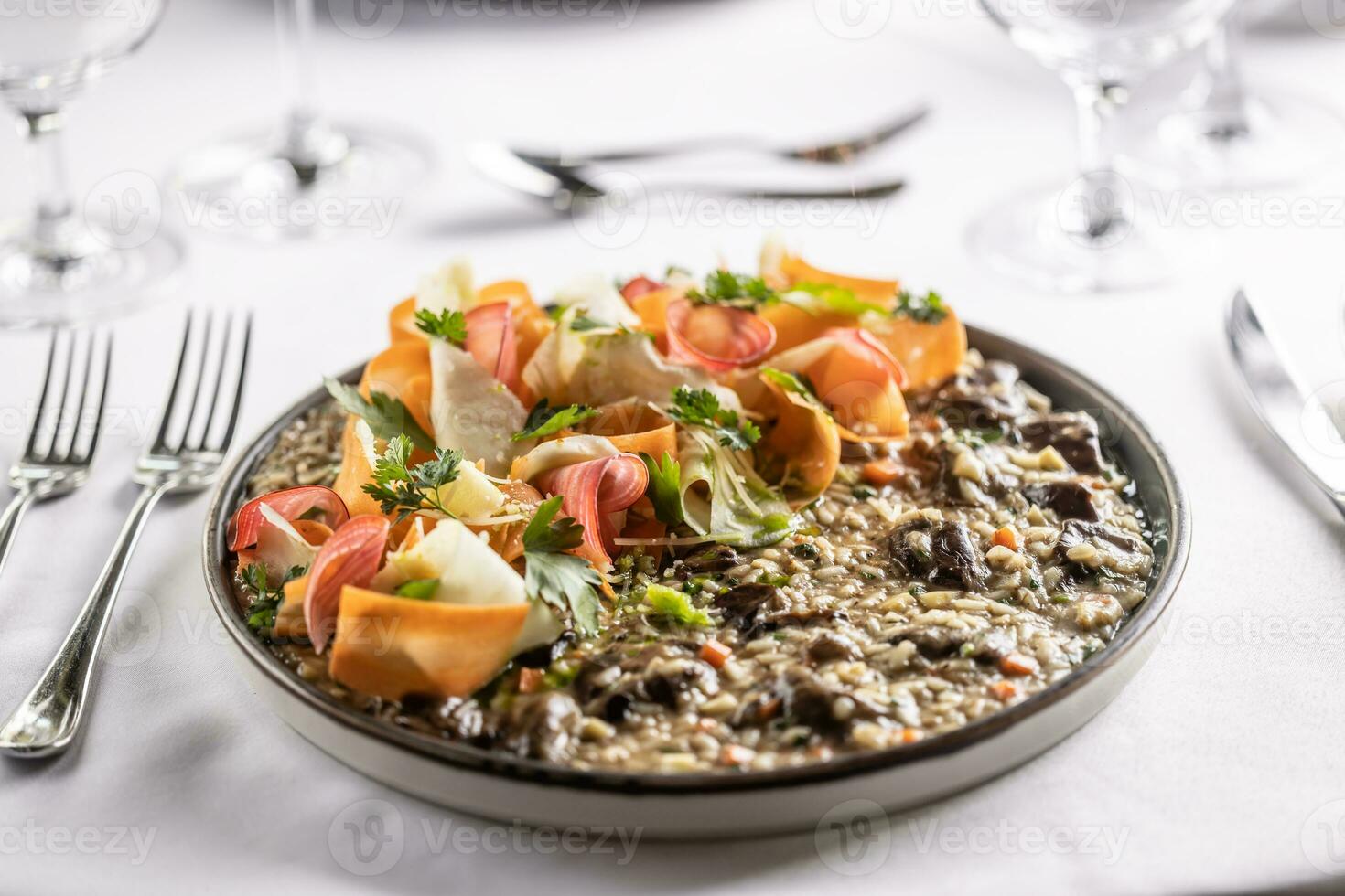 Plate full of creamy aroborio rice mushroom risotto with stripes of root vegetables photo