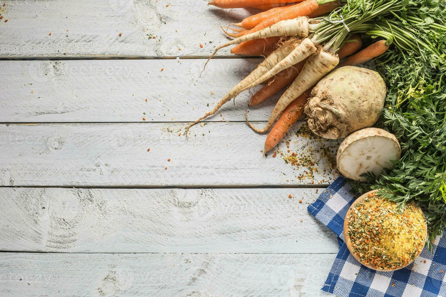 Seasoning spices condiment vegeta from dehydrated carrot parsley celery parsnips and salt with or without glutamate photo