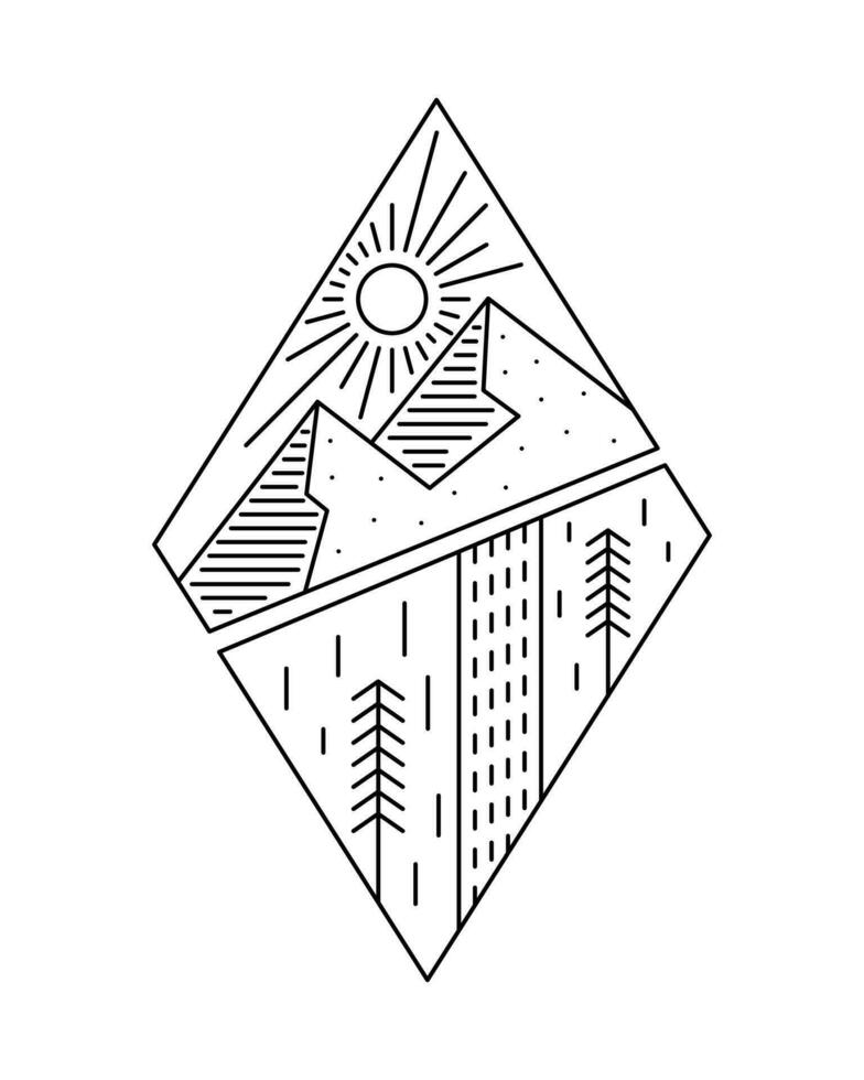 The mountain and waterfall outdoor mono line design for badge, sticker, patch, t shirt design vector