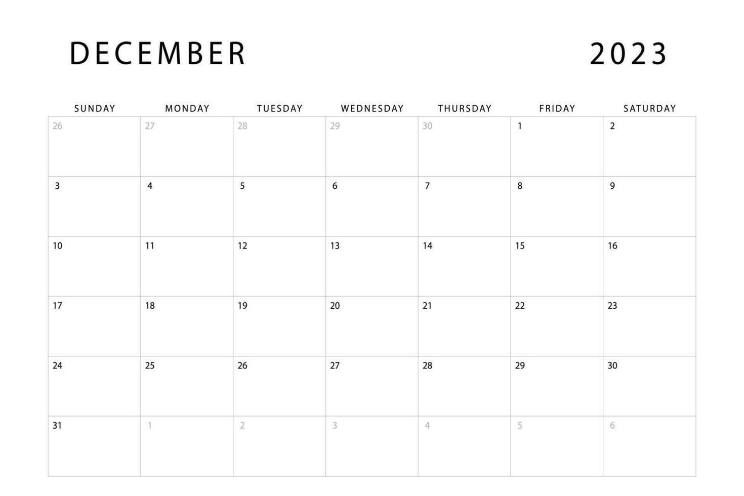 December 2023 monthly calendar template. Vector design.