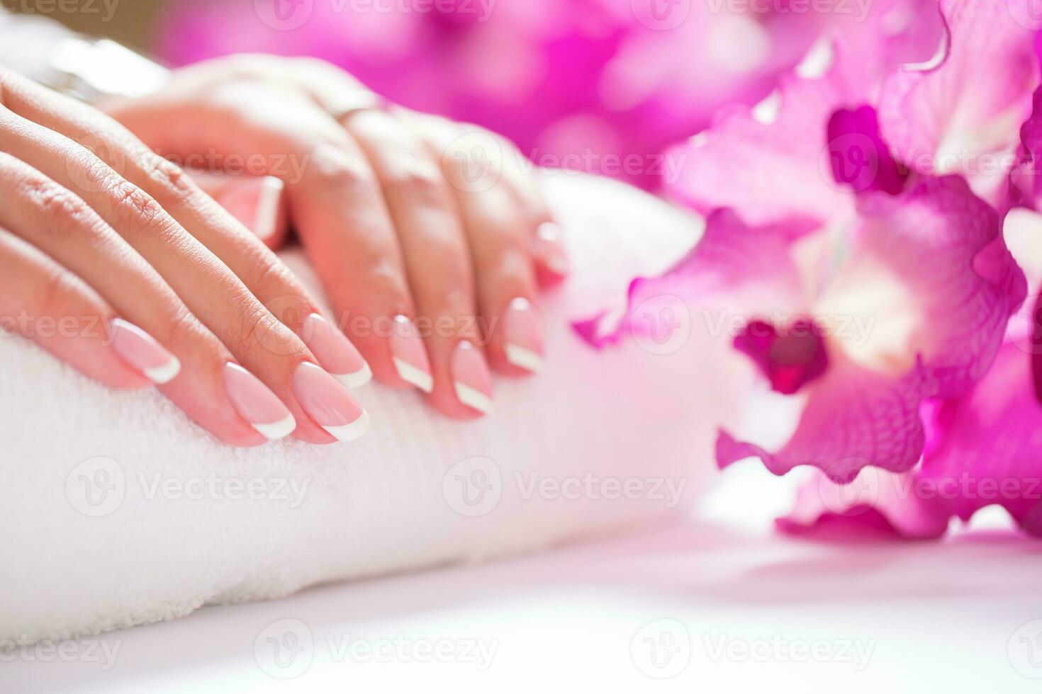 Closeup shot of beautiful female dands with nails of france manicure. Manicure and spa concept photo