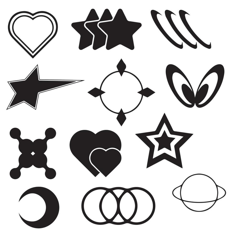 Retro futuristic elements for design. Collection of abstract graphic geometric symbols and objects in y2k style. vector