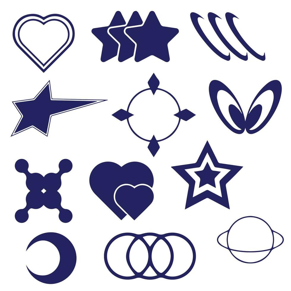 Retro futuristic elements for design. Collection of abstract graphic geometric symbols and objects in y2k style. vector