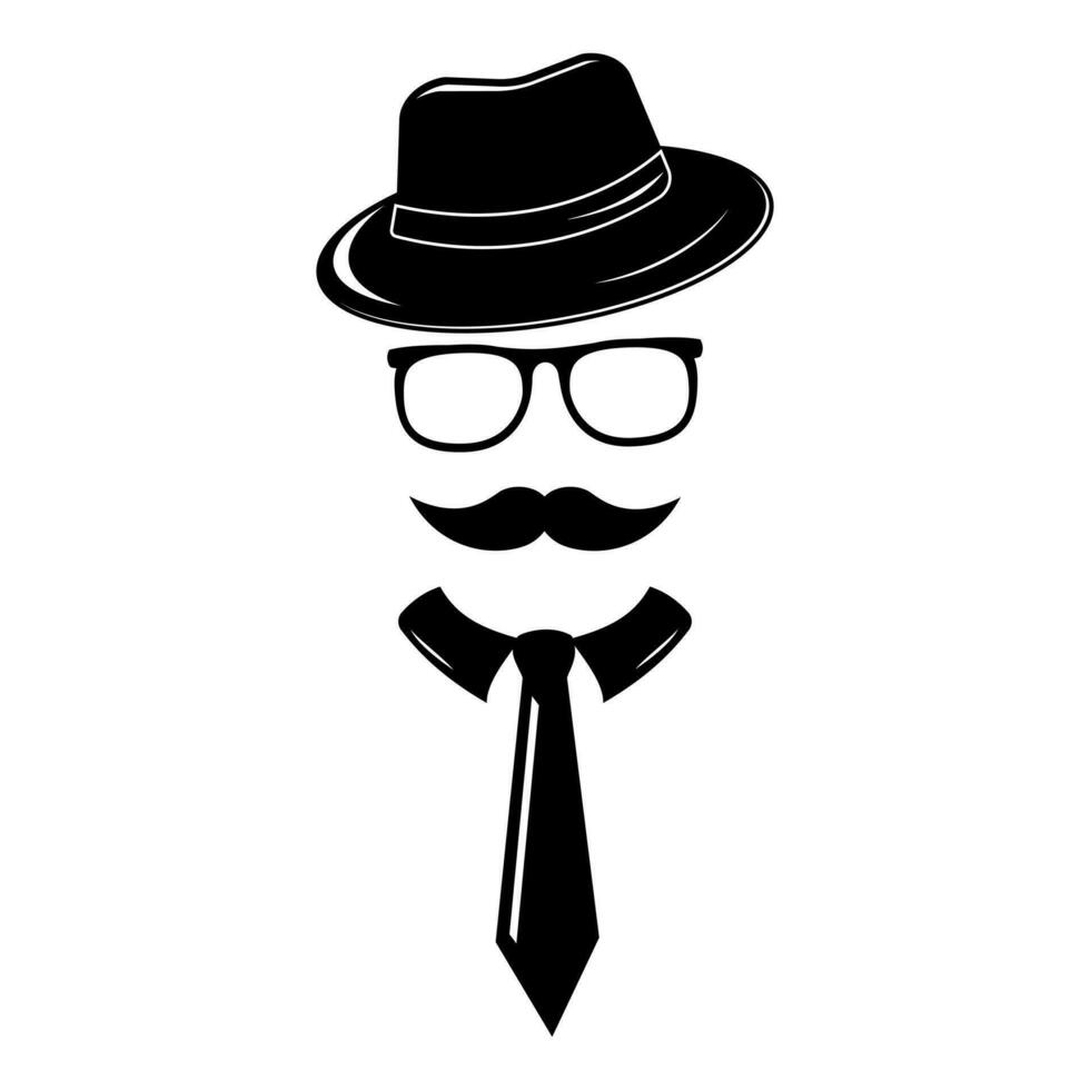 Silhouette of a man with a mustache hat and glasses in a tie, vector illustration.