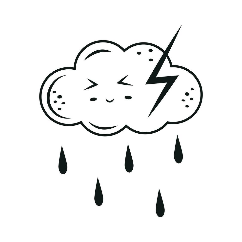 Character thundercloud kawaii in doodle style, black outline, isolated vector