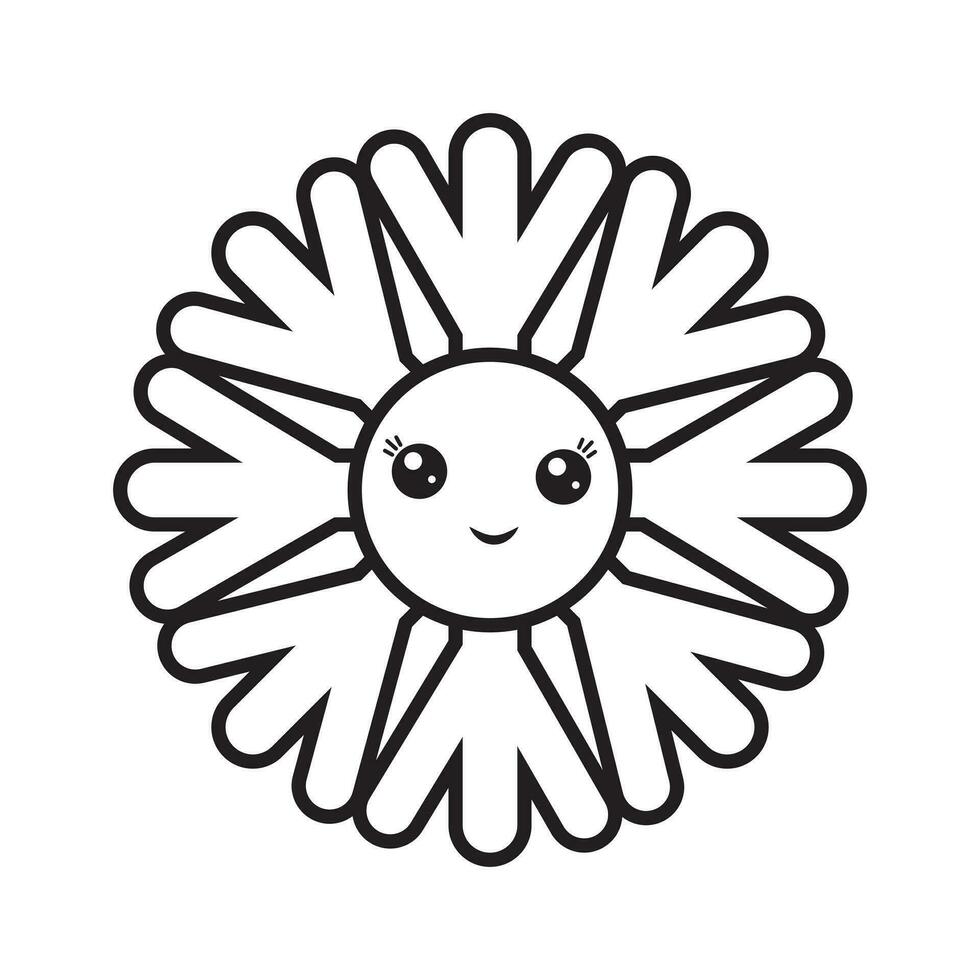 design of a vector illustration of a weather comic character snowflake kawaii in doodle style, black outline.