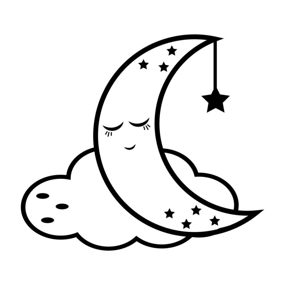 The moon character on a doodle-style kawaii cloud, black outline, isolated vector