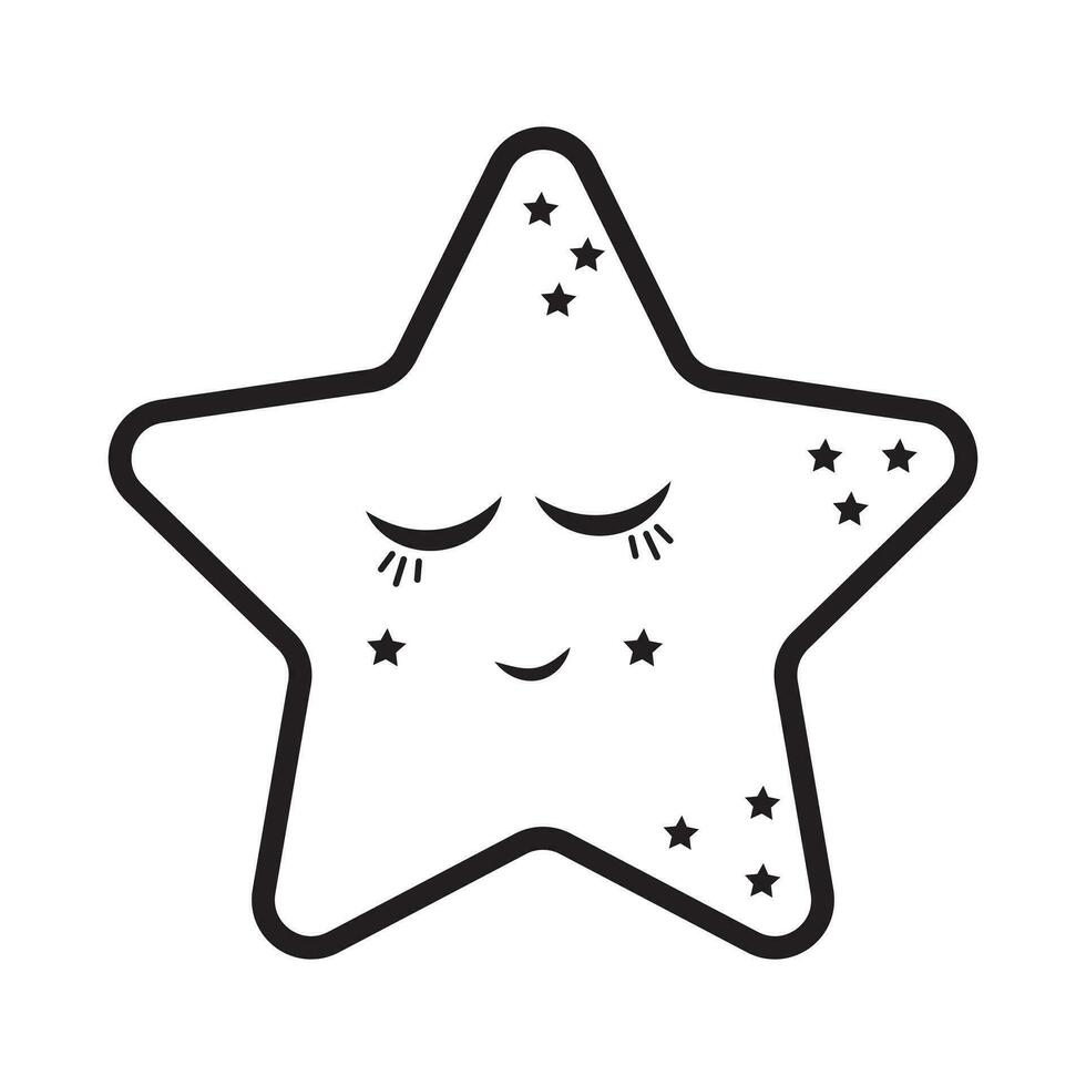 Sleepy star sleeps in the clouds, doodle style black outline vector