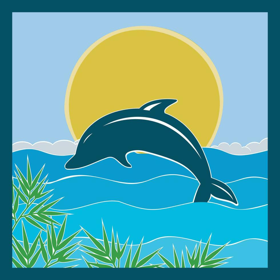 Paper sea waves and couple of dolphins. Paper cut deep style vector. Marine wildlife. Origami style with wavy lines in pastel colors. vector