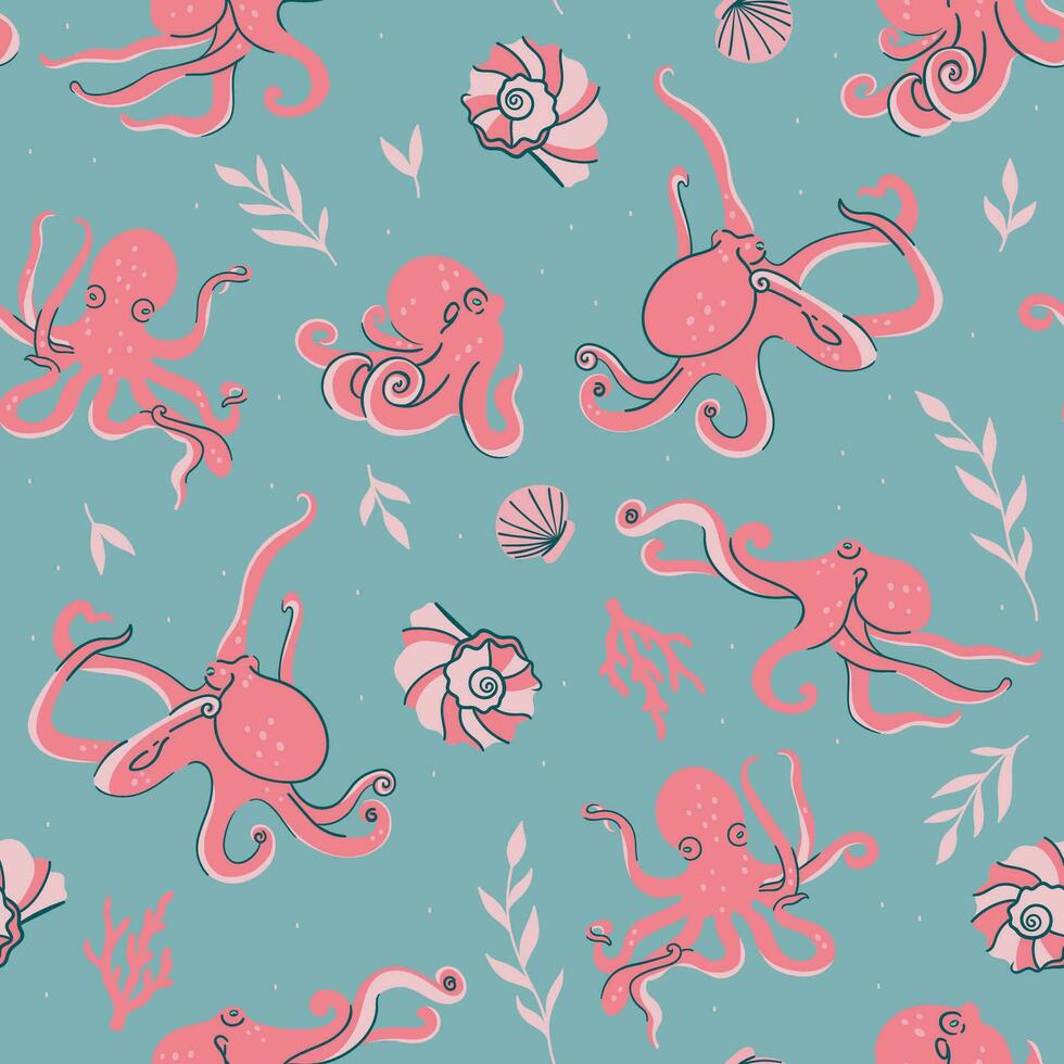 Seamless pattern with octopuses, algae and seashells. Vector graphics.