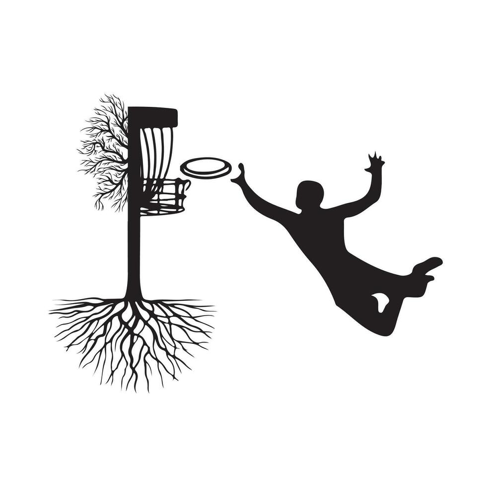 Disc golf player throwing a disc in the basket vector