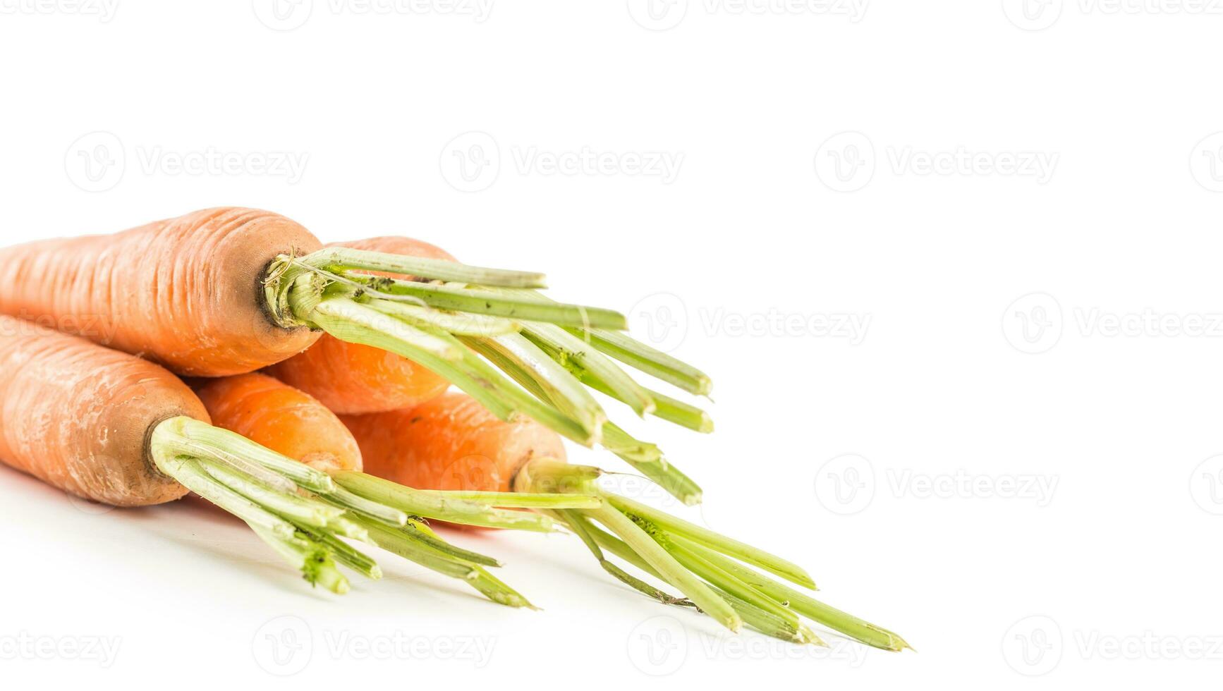 de cerca Fresco zanahorias aislado en blanco. foto