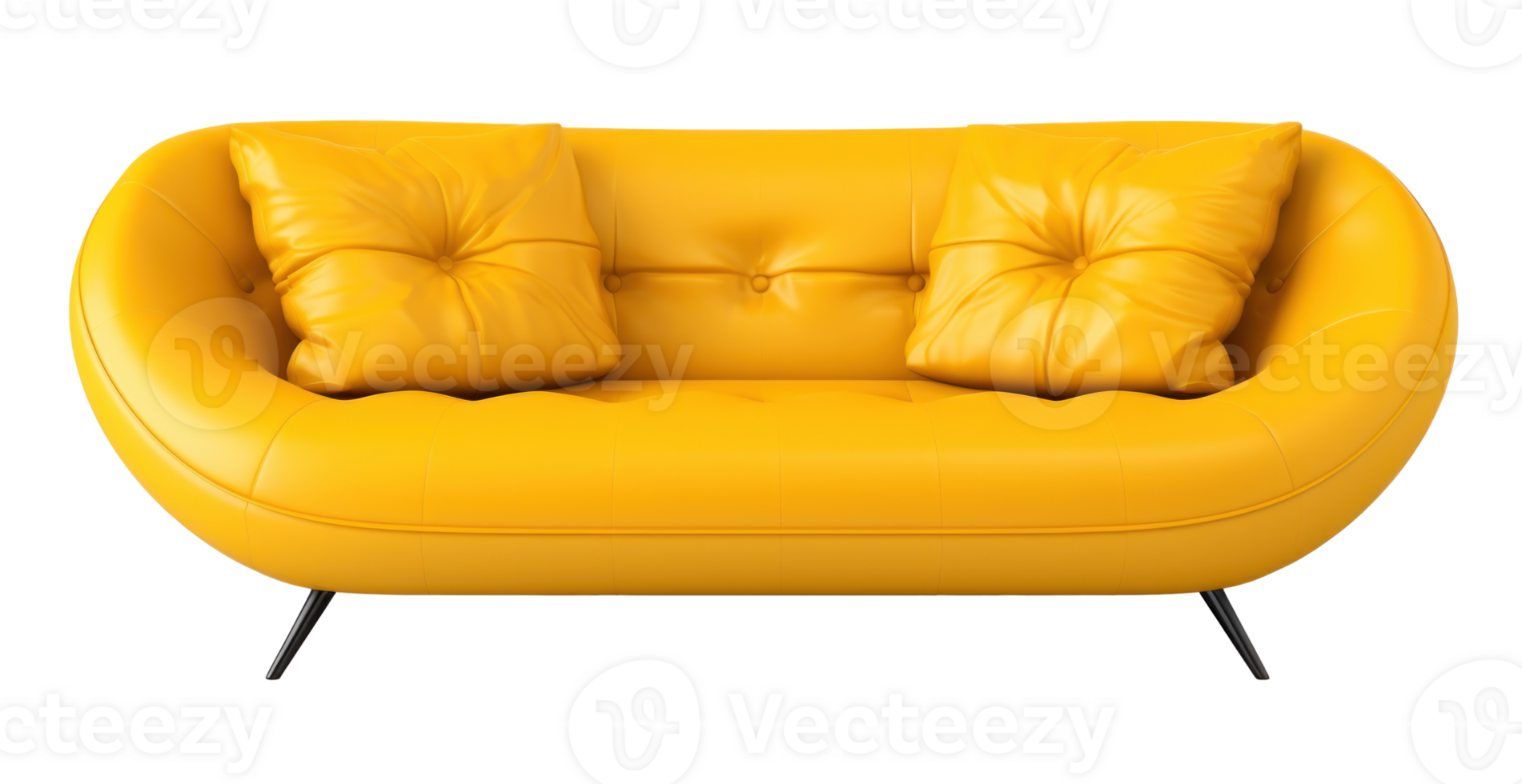 Modern yellow leather sofa with pillows isolated png