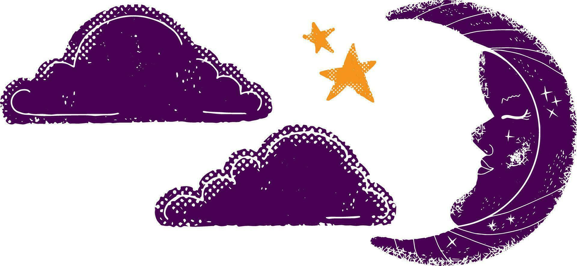 Crescent with a face and clouds, storm clouds. Textural fabulous elements. Vector set, collection