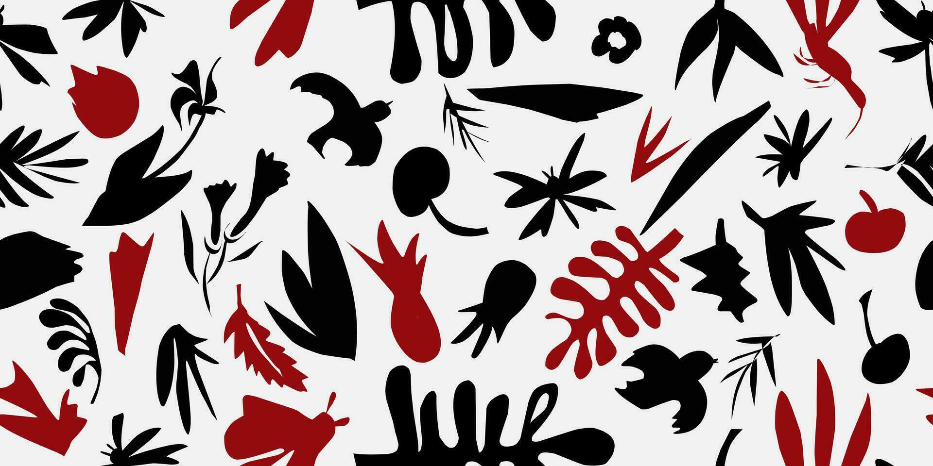 a black and red pattern with leaves and flowers vector