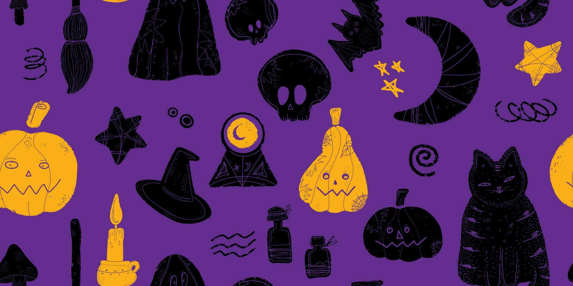 a purple and black pattern with halloween items vector