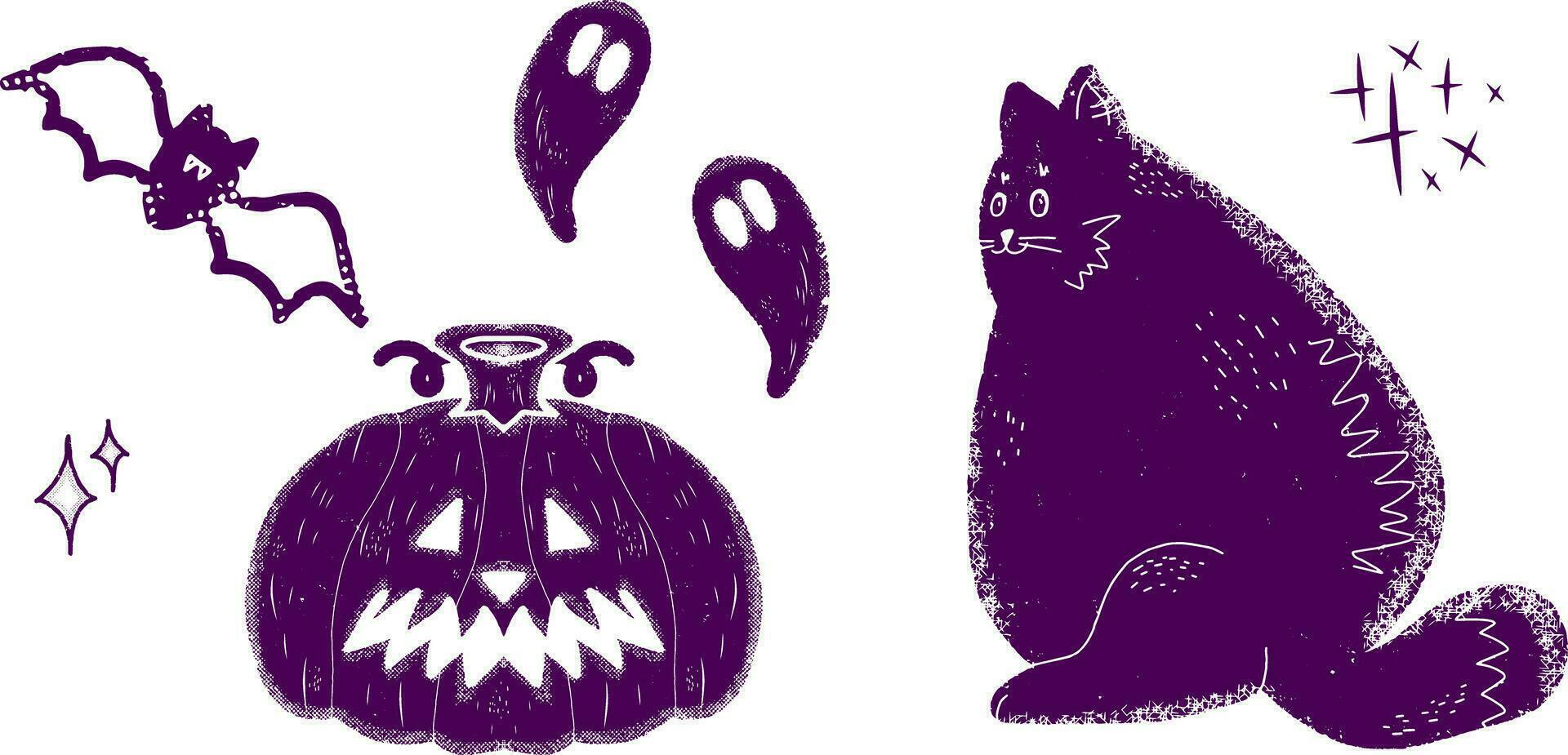Fat cat, scary pumpkin and ghosts. Halloween illustrations. Graphic texture elements. Vector set, collection