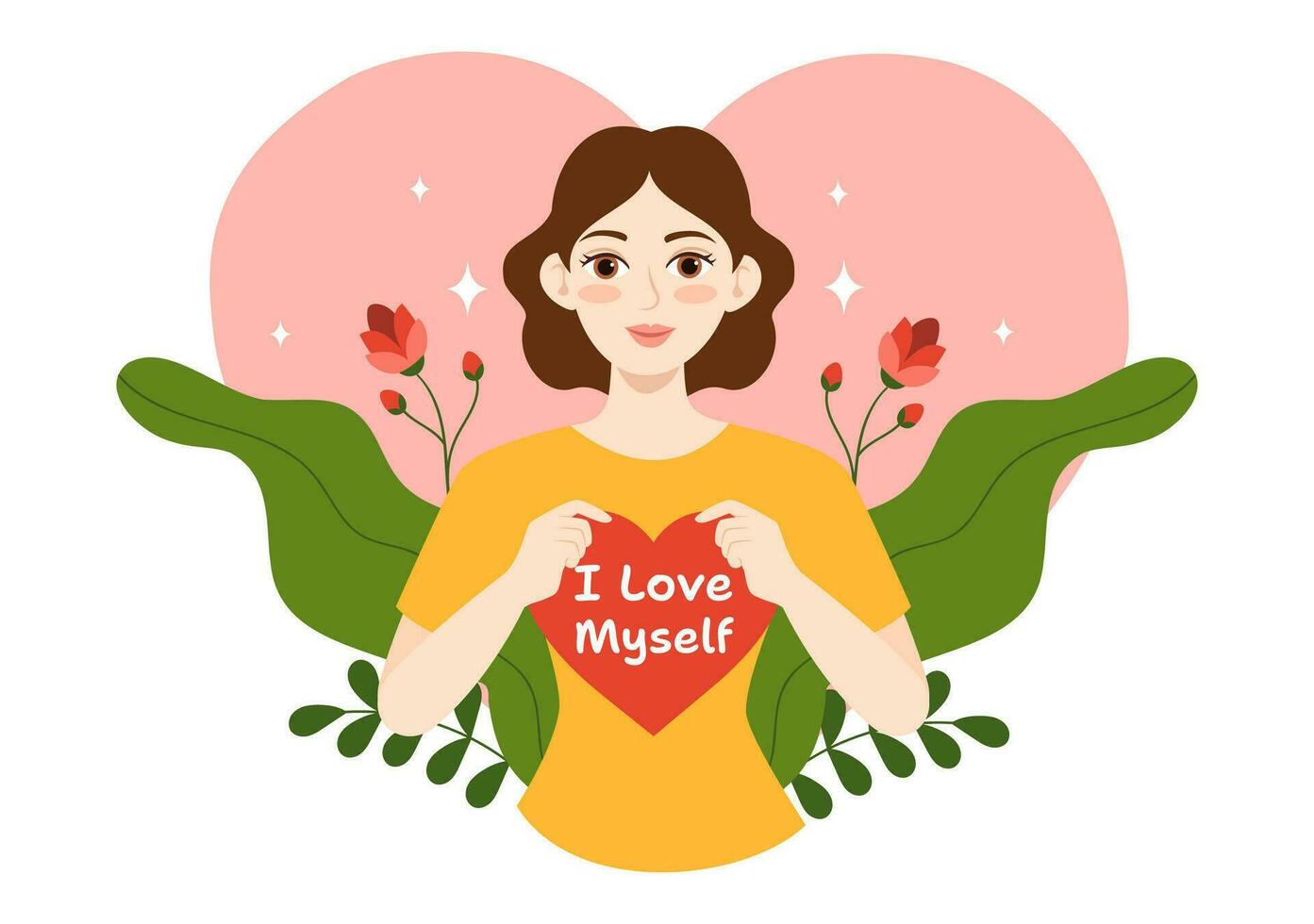 yo amor vector ilustración con mujer amor tú mismo, relajación, motivacional frases y corazones en plano dibujos animados mano dibujado antecedentes plantillas