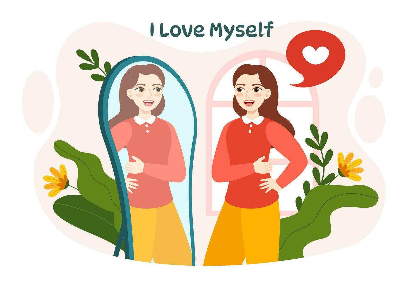 Self Love Vector Illustration with Women Love Yourself, Relaxation, Motivational Phrases and Hearts in Flat Cartoon Hand Drawn Background Templates