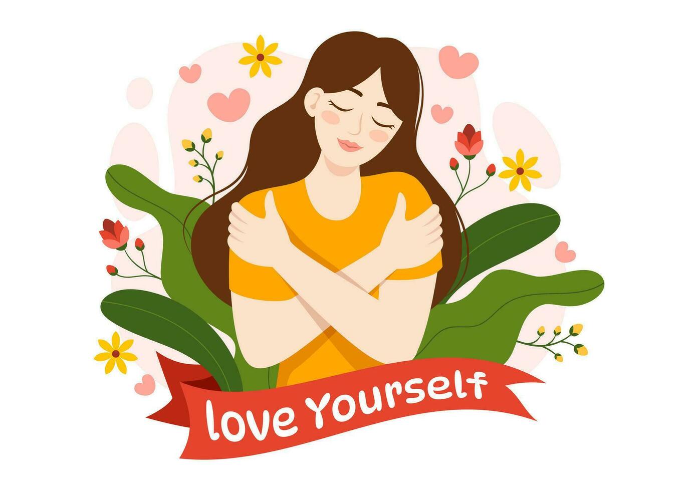 yo amor vector ilustración con mujer amor tú mismo, relajación, motivacional frases y corazones en plano dibujos animados mano dibujado antecedentes plantillas