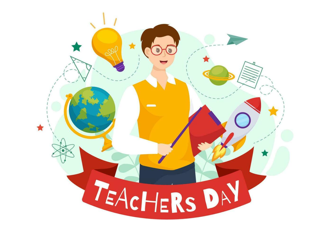 Happy Teacher's Day Vector Illustration with School Equipment Such as Blackboards, Pencils, Bags, Books and Others in Flat Cartoon Background