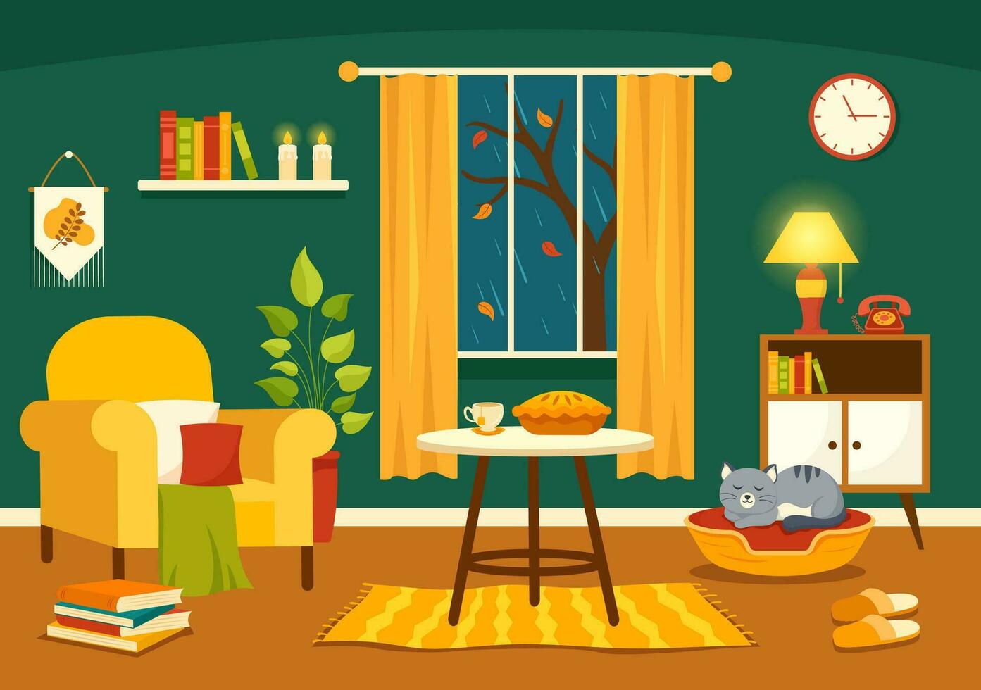 Autumn Cozy Home Decor Vector Illustration with Living Room Interior Furniture Background Elements in Flat Cartoon Hand Drawn Templates