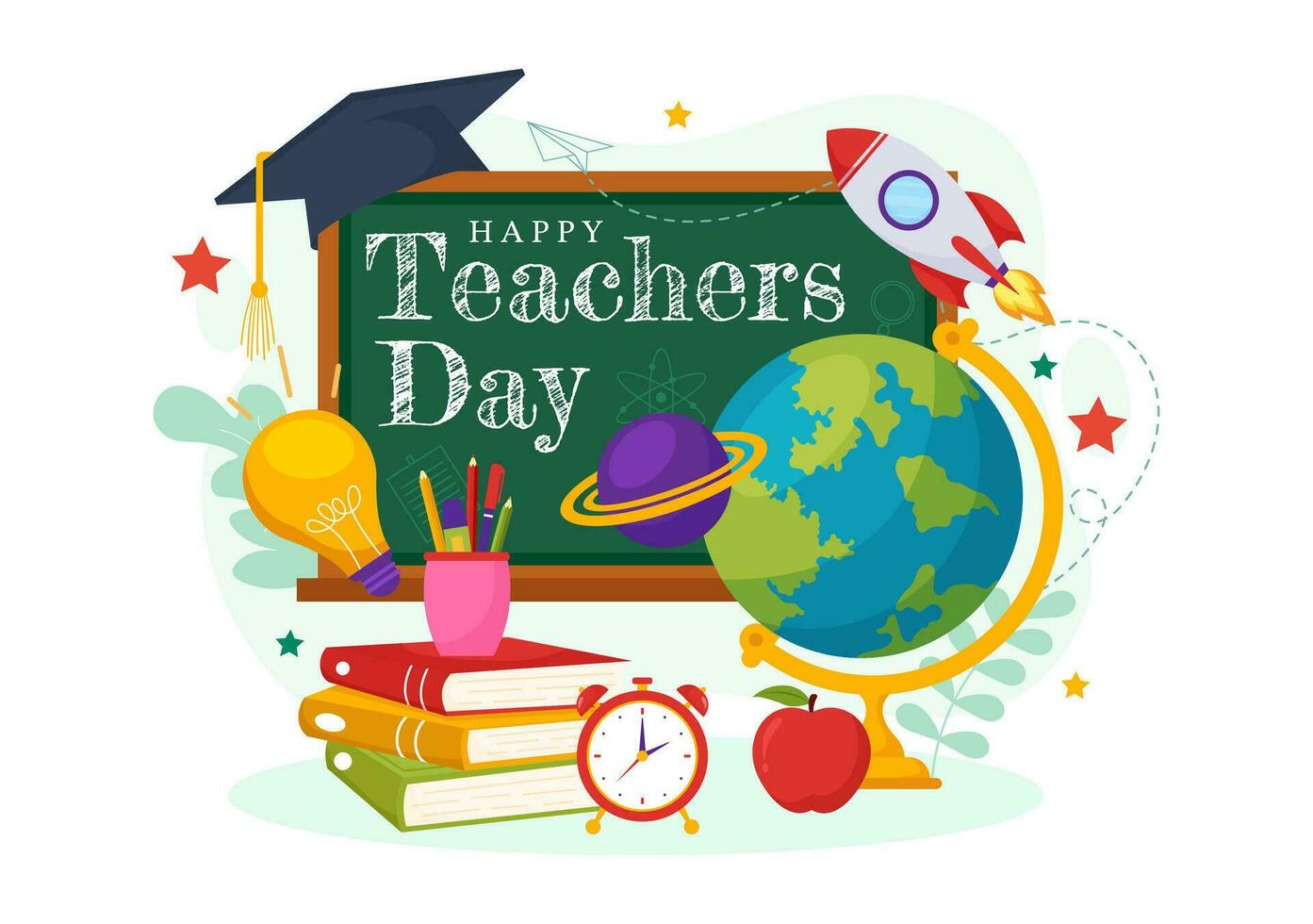 Happy Teacher's Day Vector Illustration with School Equipment Such as Blackboards, Pencils, Bags, Books and Others in Flat Cartoon Background