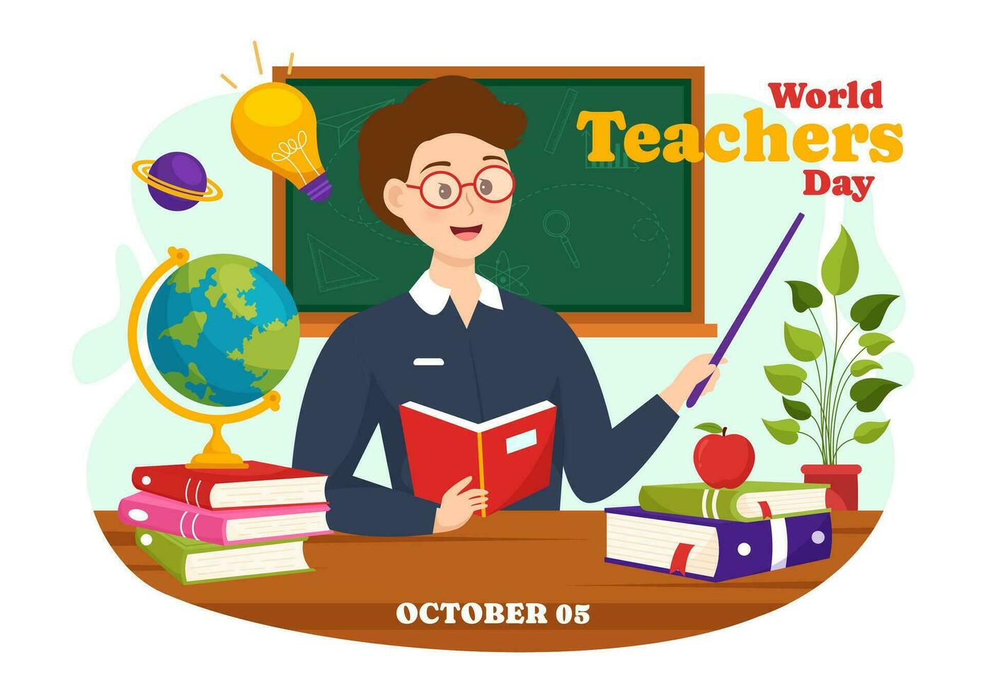Happy Teacher's Day Vector Illustration with School Equipment Such as Blackboards, Pencils, Bags, Books and Others in Flat Cartoon Background