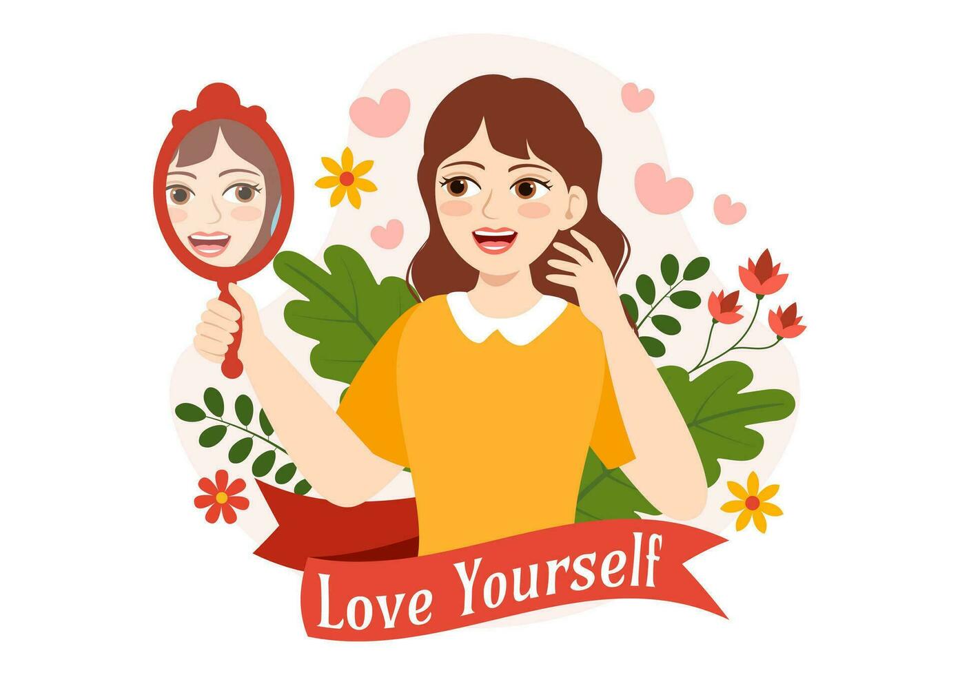 Self Love Vector Illustration with Women Love Yourself, Relaxation, Motivational Phrases and Hearts in Flat Cartoon Hand Drawn Background Templates