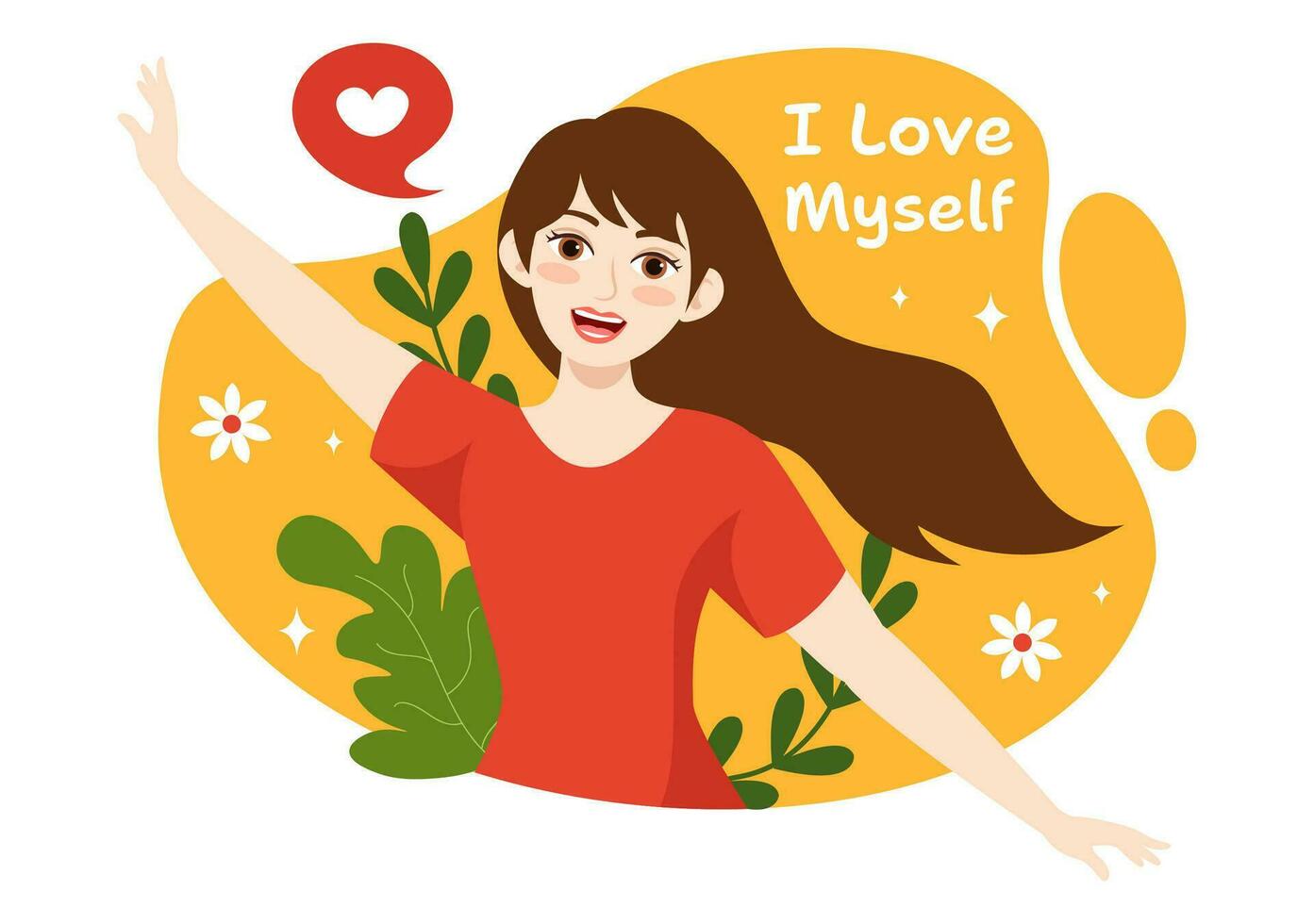 yo amor vector ilustración con mujer amor tú mismo, relajación, motivacional frases y corazones en plano dibujos animados mano dibujado antecedentes plantillas