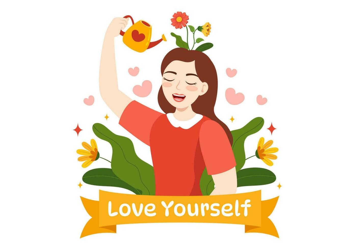 yo amor vector ilustración con mujer amor tú mismo, relajación, motivacional frases y corazones en plano dibujos animados mano dibujado antecedentes plantillas