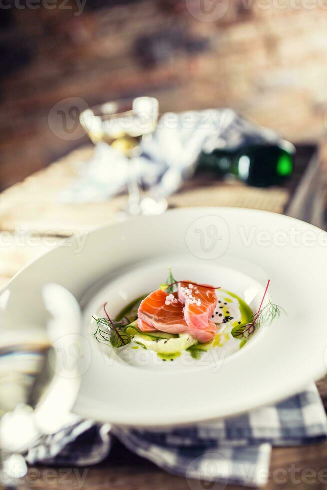 Marinated salmon with cream cucumber and dill. photo