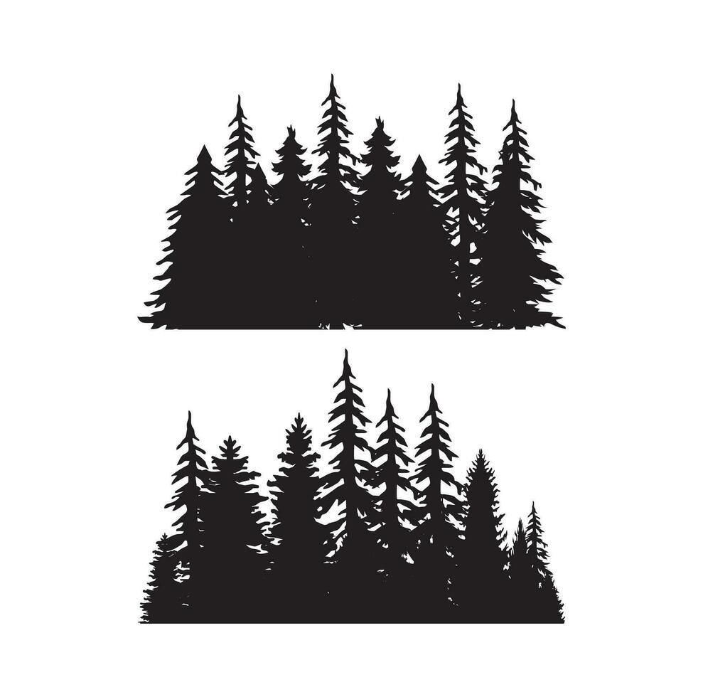 Vintage trees and forest silhouettes set in monochrome style isolated vector illustration