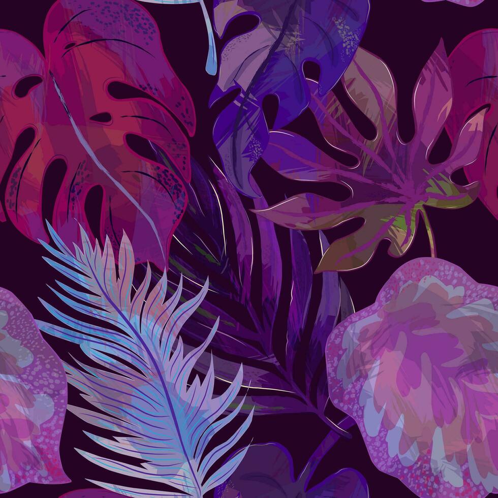 a purple and blue pattern with tropical plants vector