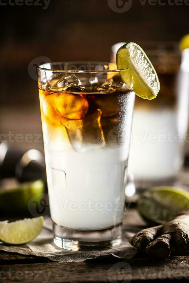 Dark n Stormy highball cocktail served as a long drink with rum, fresh lime juice, and ginger beer photo