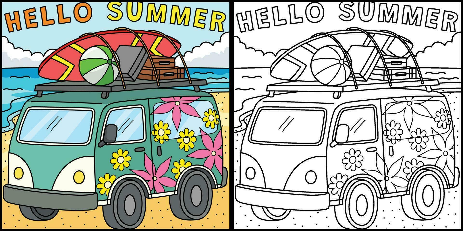 Hello Summer Coloring Page Colored Illustration vector