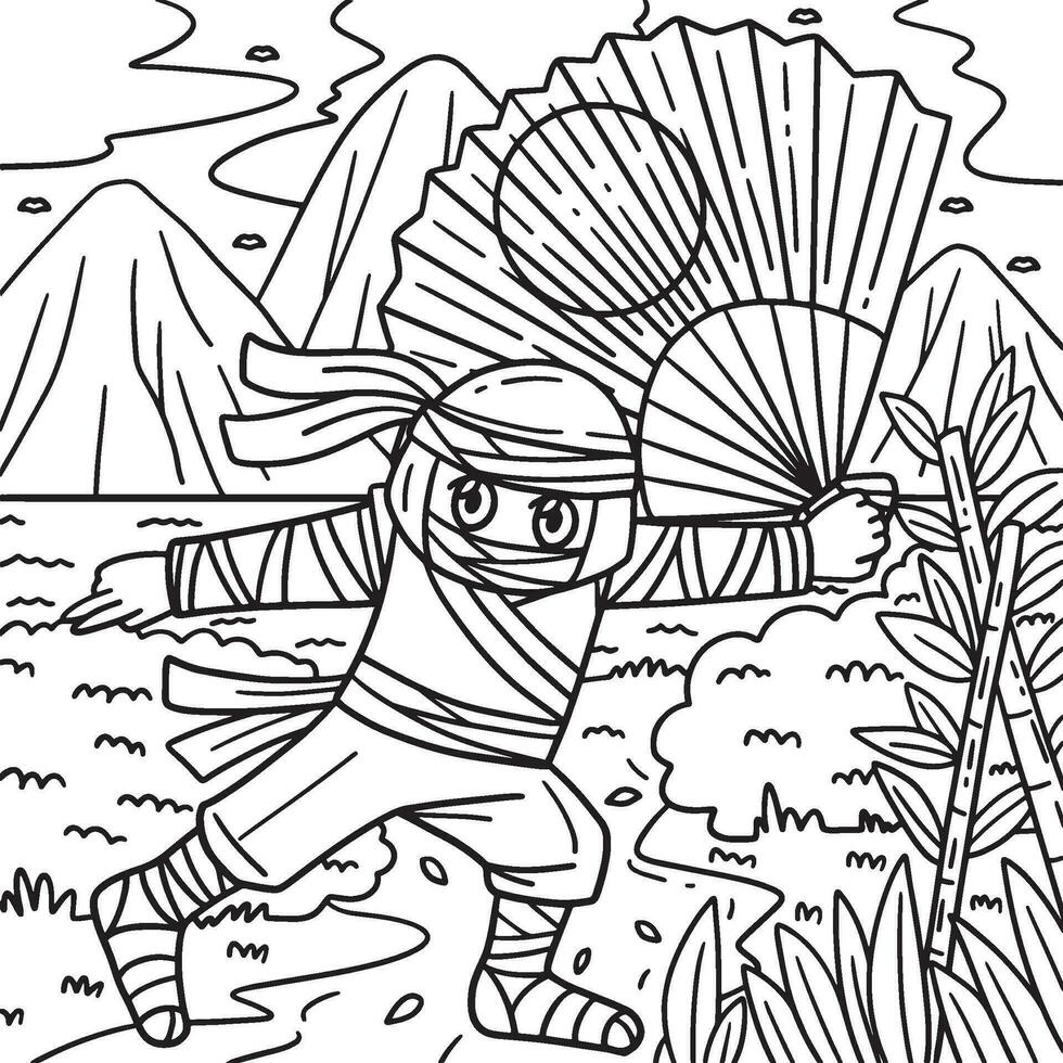 Ninja with a Large Fan Coloring Page for Kids vector