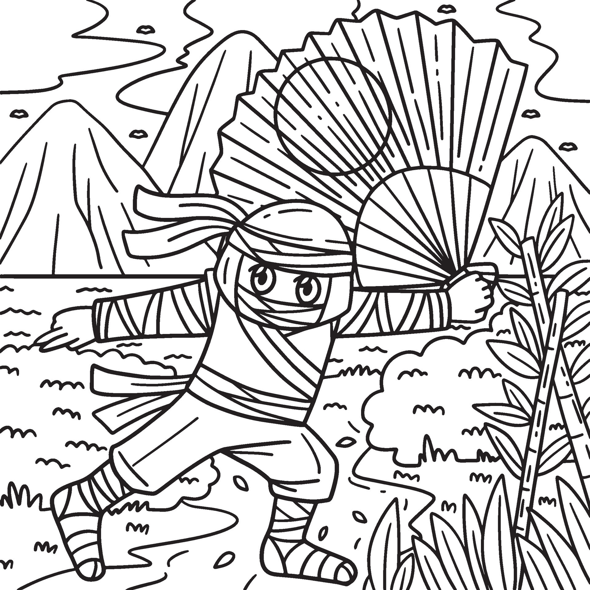 Ninja with a Large Fan Coloring Page for Kids 27605490 Vector Art at