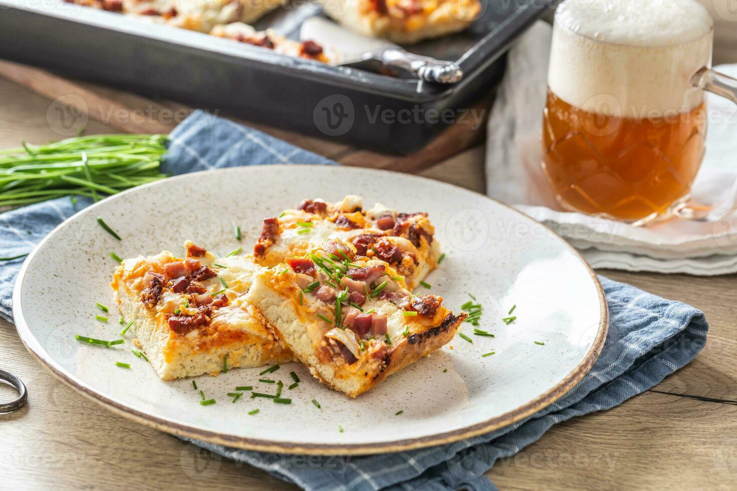 Slovak national dish podpecnik, podplamennik or posuch. Slovak national dish is made sourdough, bryndza, sour cream, bacon and onion photo