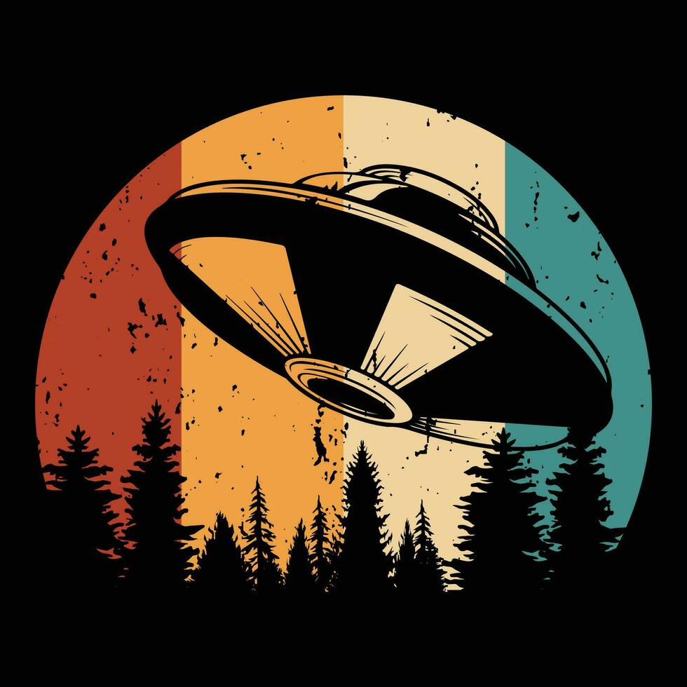 Vector funny retro sunset vintage ufo alien tshirt design