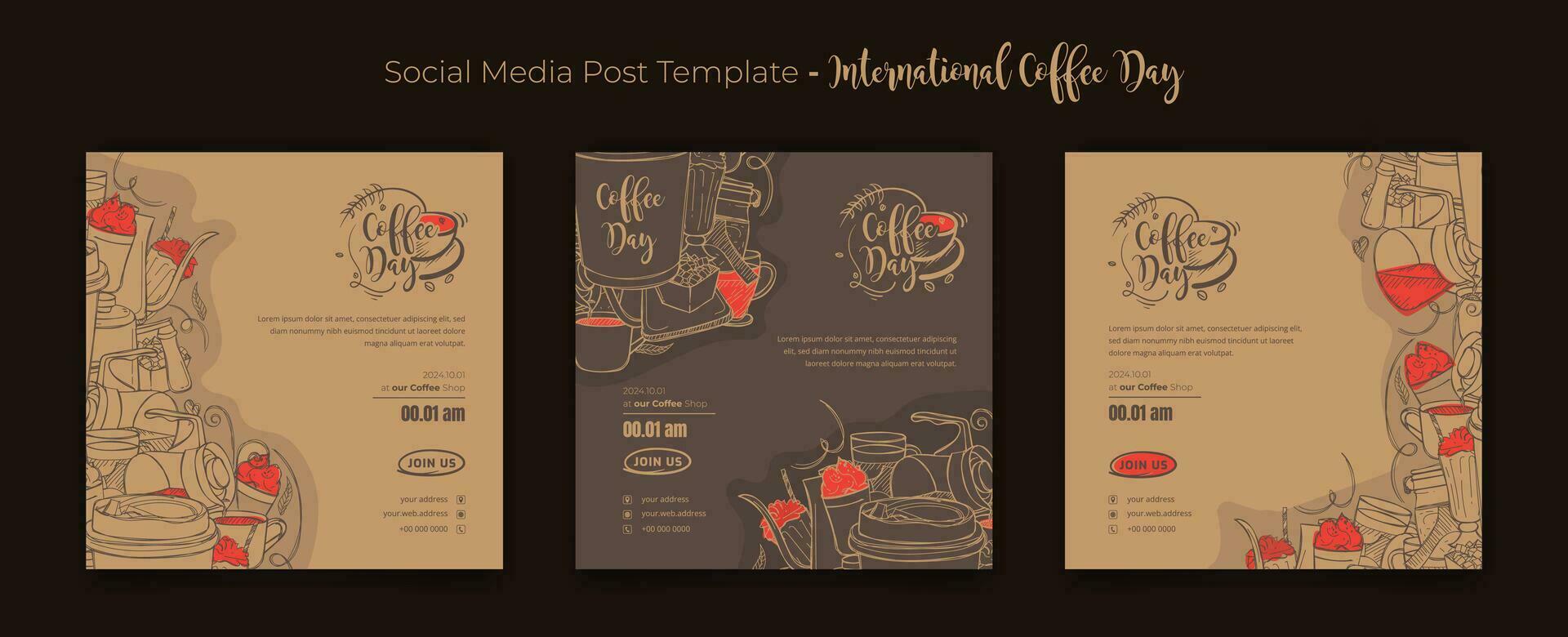 Set of social media post template for international coffee day campaign in doodle art background vector