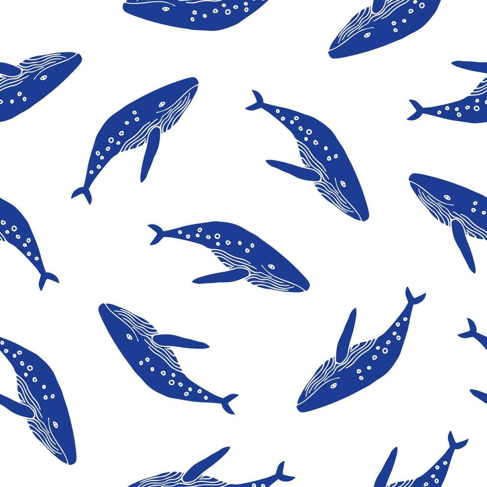 Cute blue whale seamless pattern on white background. Underwater world, deep sea repeat pattern. Humpback whale hand drawn illustration. vector